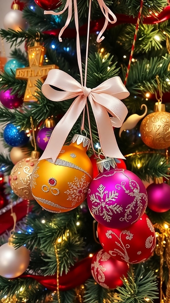 Decorative Christmas Tree Ornaments Three decorative ornaments tied together on a Christmas tree with lights and decorations.